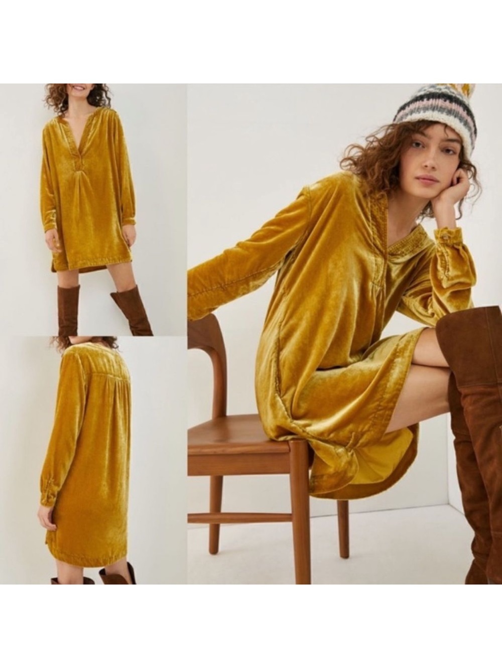 Anthropologie S Mustard Yellow Gold Melody Velvet Long Sleeve Tunic Dress